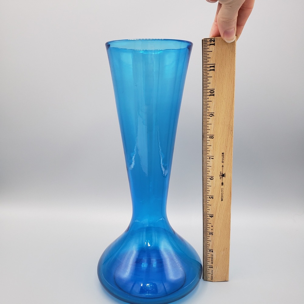 VTG Mid Century Modern Blue Glass Hourglass Vase 12" MCM Decor 60s‎ 70s Art Deco - Picture 3 of 8